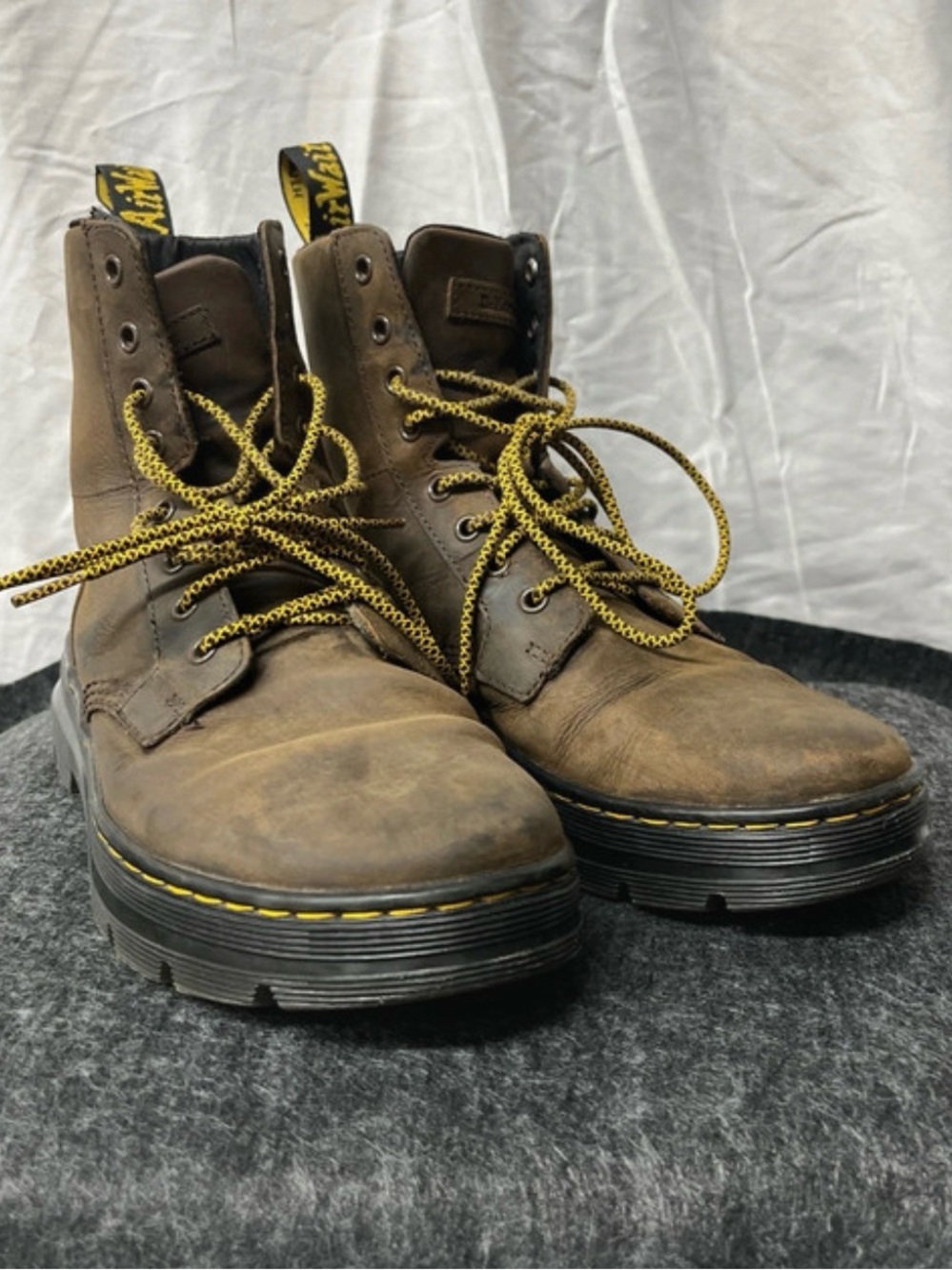 Dr. Martens Brown Leather Lace-Up Boots with Yellow Stitching